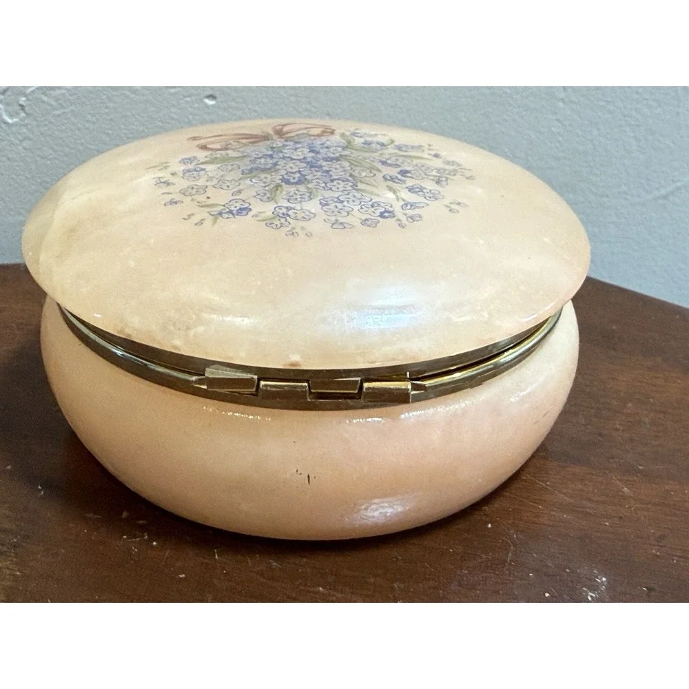 Vintage Italy Carved Alabaster Jewelry Box Hinged Lid Hand Painted Flowers 4.5